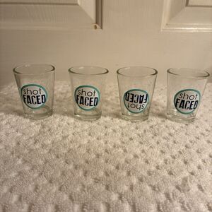 Set Of 4 Shot Glasses W/ “SHOT FACED” On 3 And An Upside Down “Shot Faced” On 1